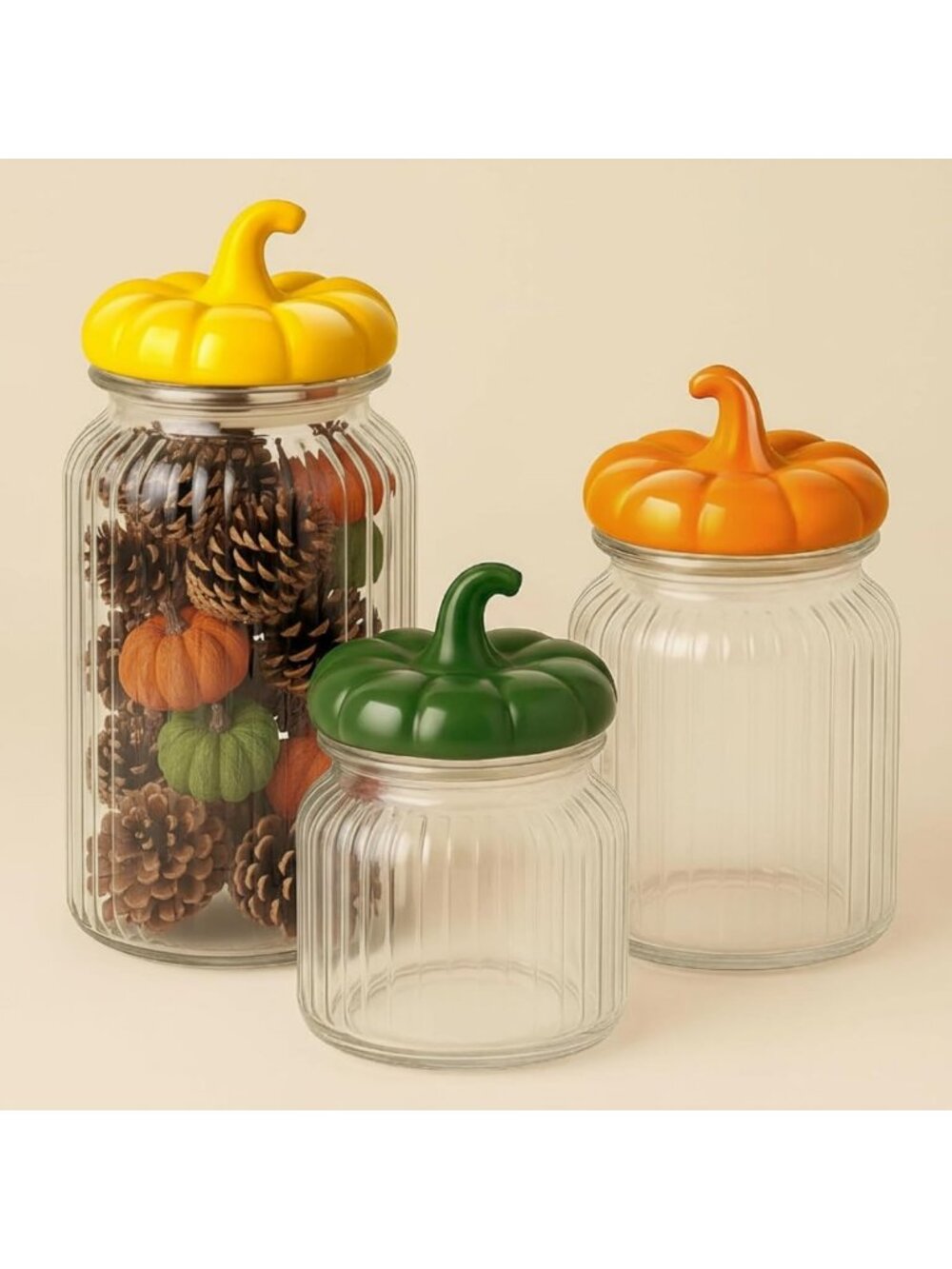 Set of 3 Pumpkin Glass Jars with Airtight Lids - Fall Decor & Food Storage